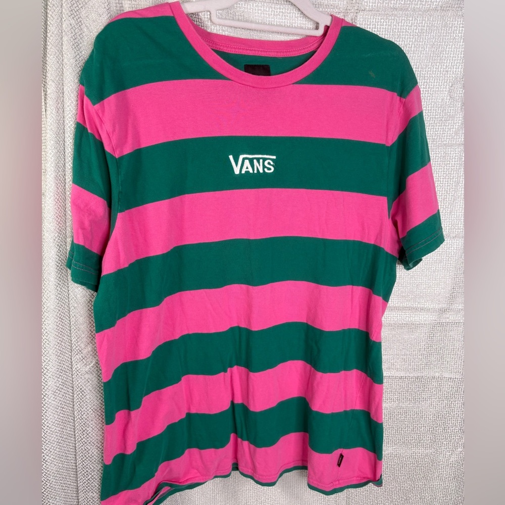 “VANS” Hot PINK and Forest GREEN, TRENDY Striped Short-sleeved Tee Shirt; XL